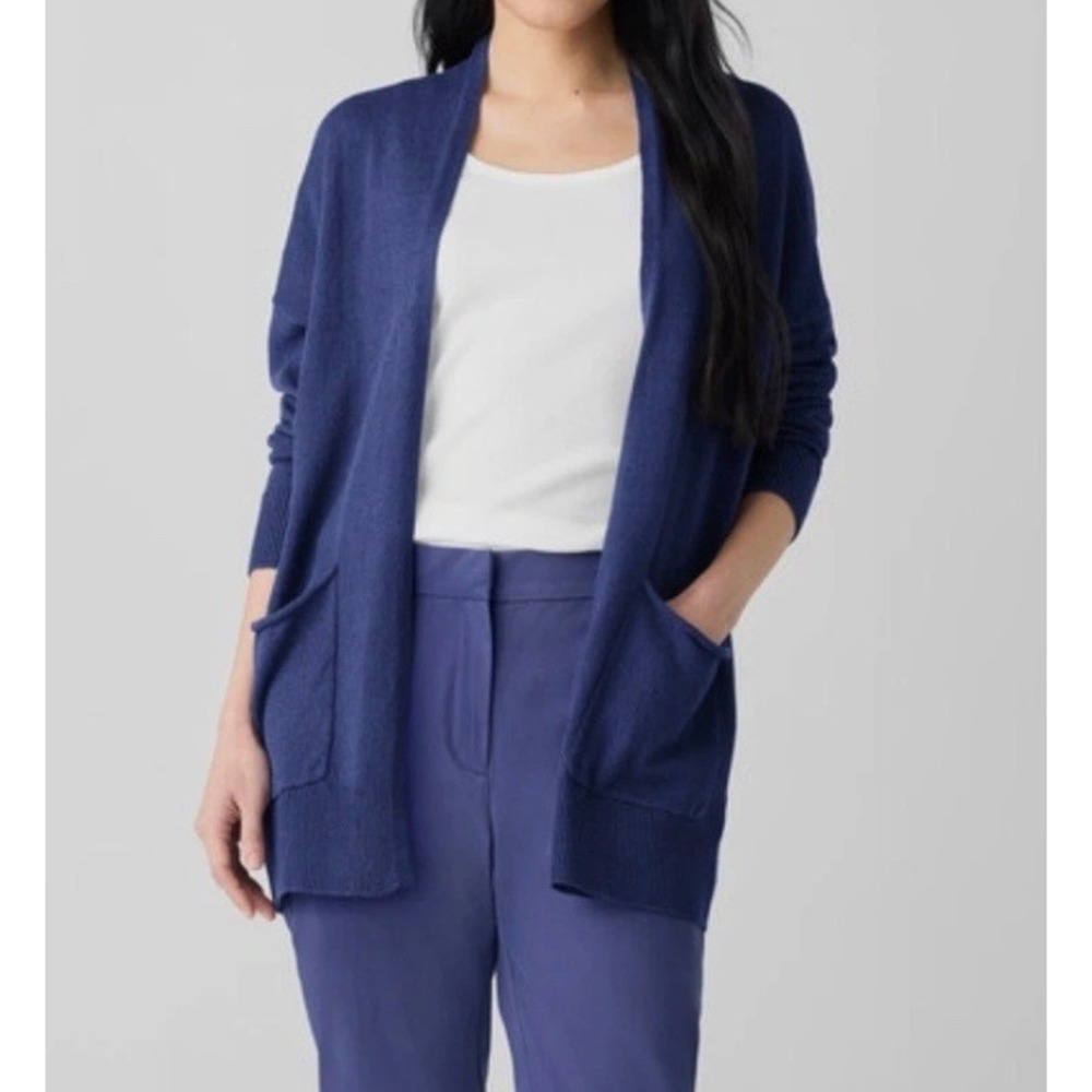Eileen Fisher Cardigan Womens XL Blue Purple Organic Linen Cotton Cord Pockets